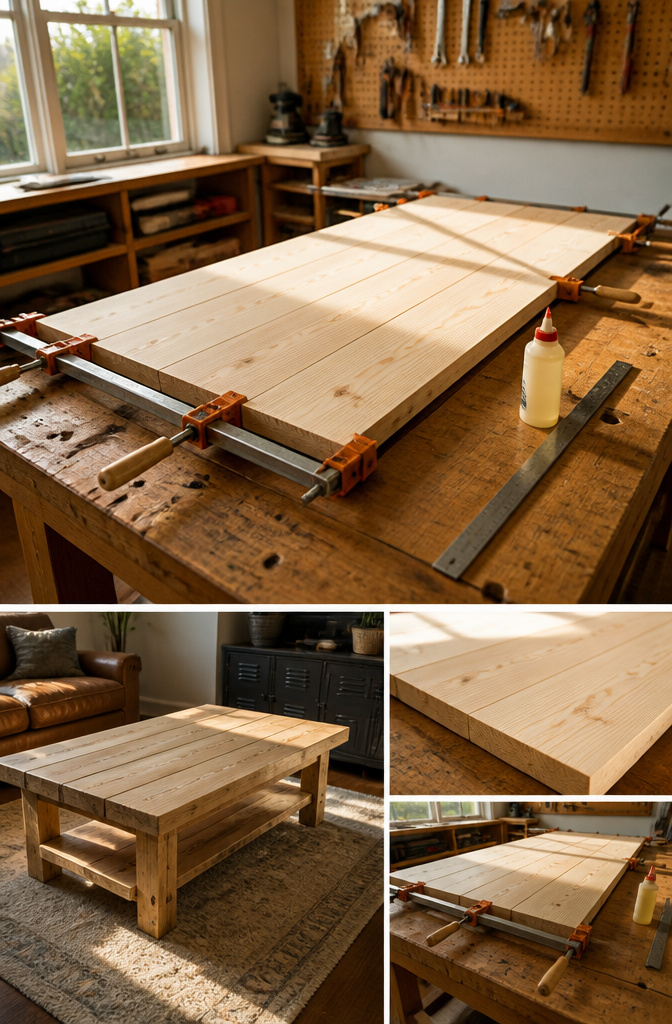 Clamped wood boards on a work surface, ready for assembly.