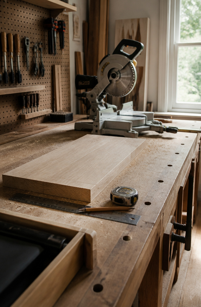 DIY Floating Shelves: A Complete Guide to 5 Styles for Every Room 3 Workbench with a miter saw and wood pieces marked for cutting.
