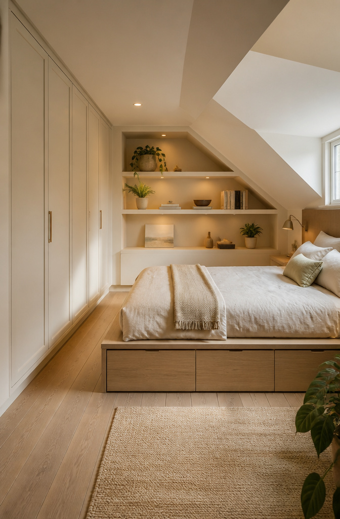 20 Basement Bedroom Ideas for 2026: Cozy, Warm, Practical 3 Basement bedroom with recessed shelves and built-in wardrobe.