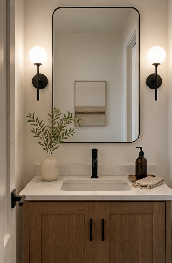 7 Half Bathroom Ideas for Storage, Color & Fixtures in 2026 3 Globe sconces mounted on either side of the mirror.