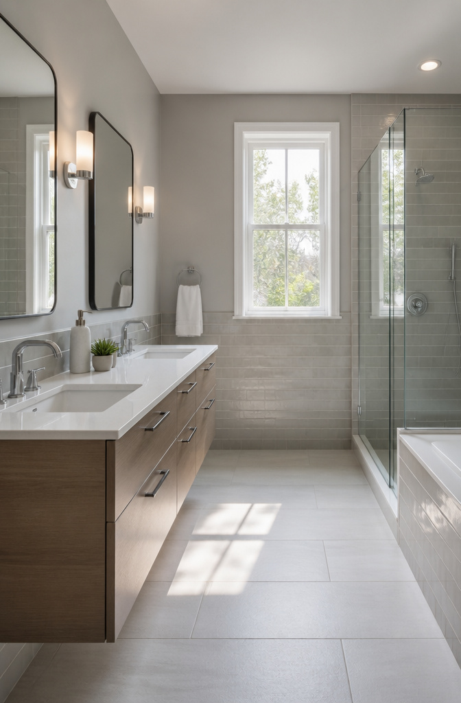 A bathroom with soft gray Metropolitan AF-690 walls and subway tiles.