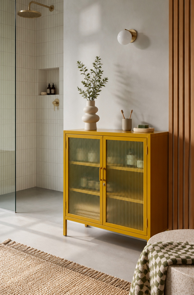 Bathroom Storage Cabinet: 7 Styles That Work in Small Spaces 3 Mustard Made Mixer Cabinet with fluted glass doors in vibrant color.