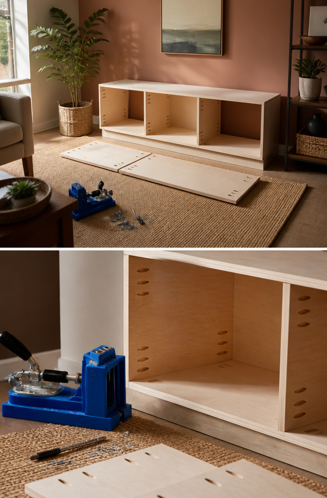 A shelf being attached to a TV stand with a Kreg Jig.