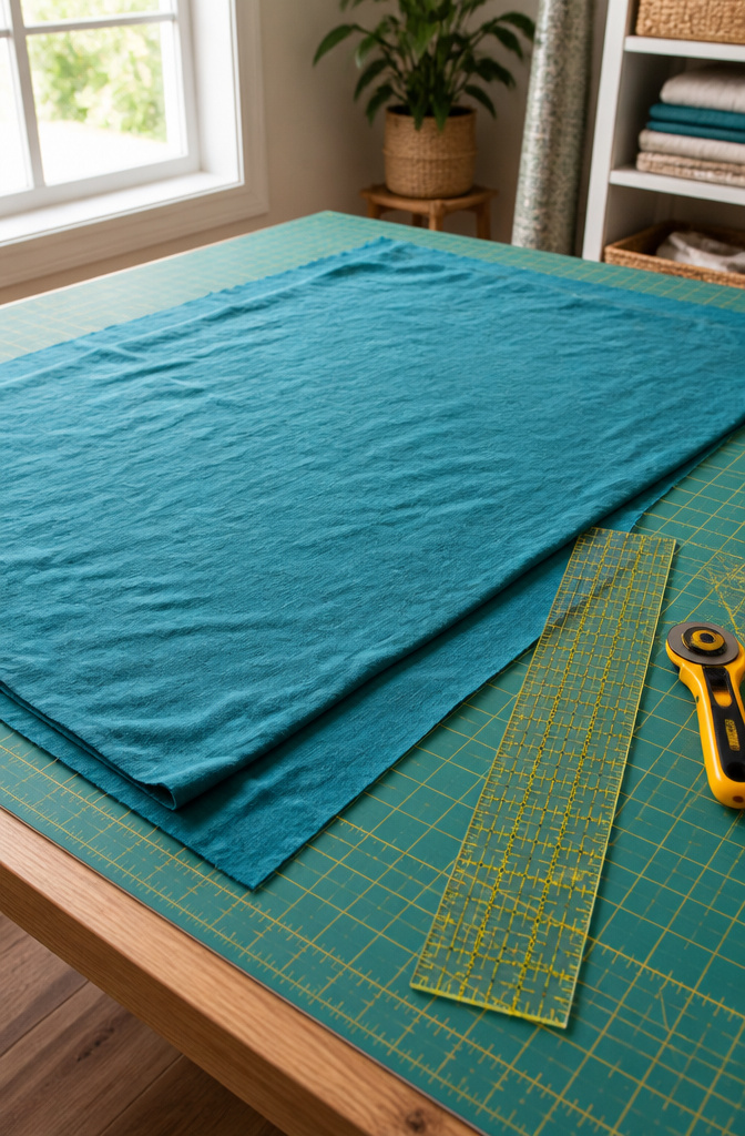 How to Make a DIY Weighted Blanket: 8 Steps for 2026 3 Two layers of teal fabric laid on a cutting mat, ready to be cut.