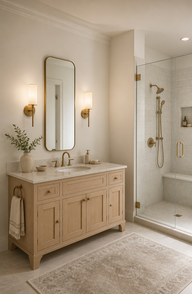 7 Bathroom Lighting Ideas for Every Design Style (2026) 3 Wall sconces placed on either side of a mirror.
