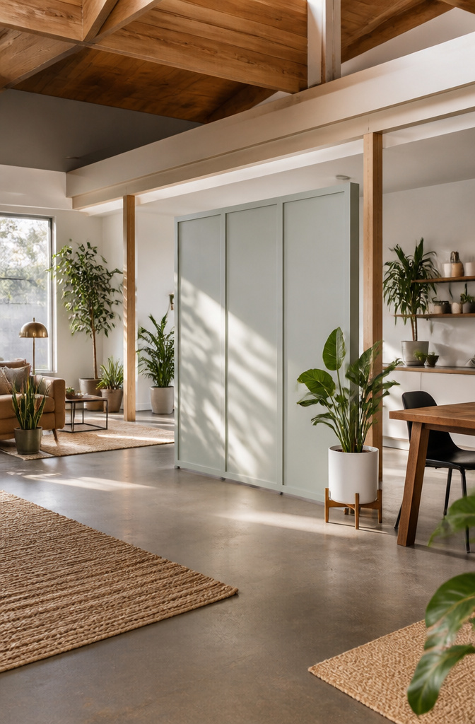 14 DIY Room Divider Ideas: Projects From Wallpaper to Wire 3 A free-standing divider wall made from plywood and 2x4 framing.