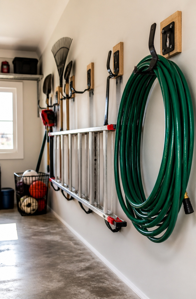 Hooks mounted on a wall holding a ladder and coiled hose.