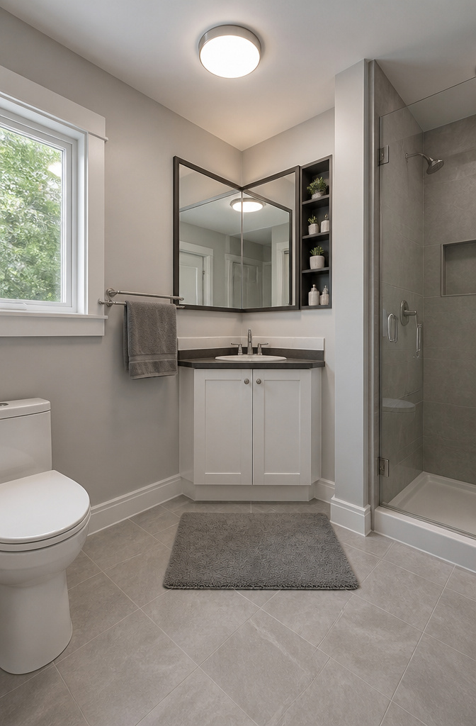 15 Bathroom Mirror Ideas for 2026 – Types, Styles & Trends 4 Corner mirror installed where two walls meet in a small bathroom.
