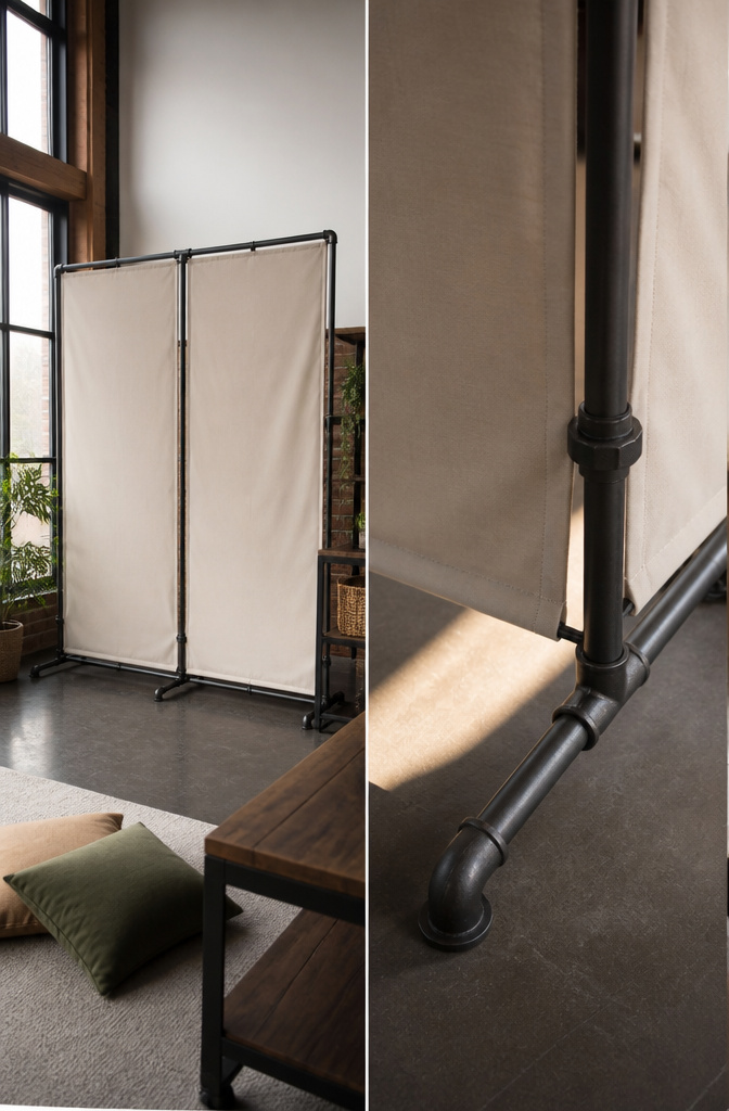 14 DIY Room Divider Ideas: Projects From Wallpaper to Wire 4 A pipe frame supporting a fabric screen as a room divider.