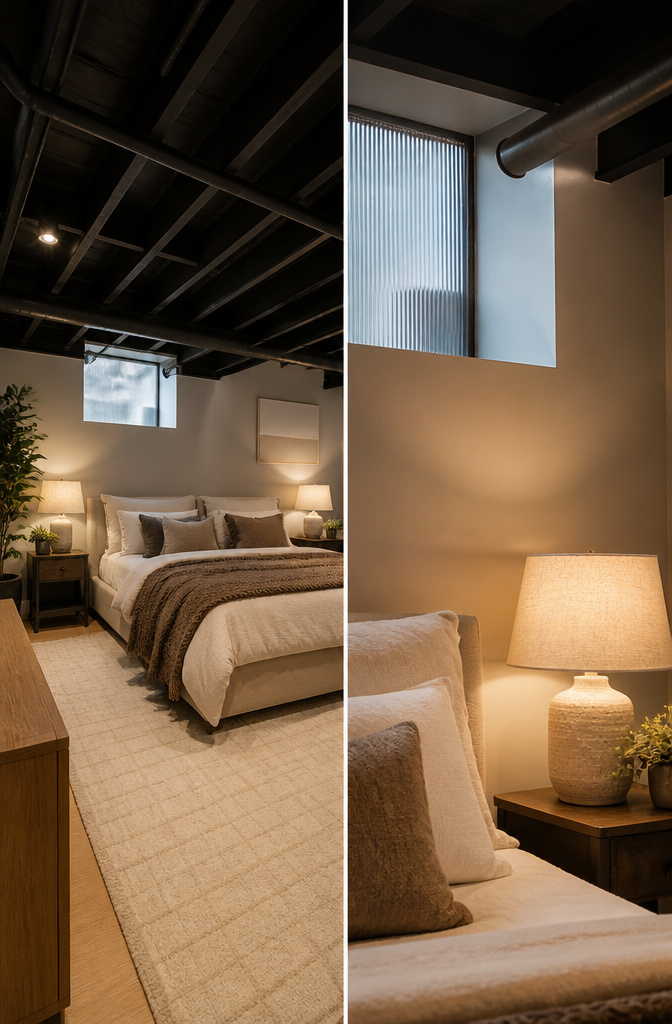 20 Basement Bedroom Ideas for 2026: Cozy, Warm, Practical 4 Basement bedroom with painted exposed ductwork and dark beams.