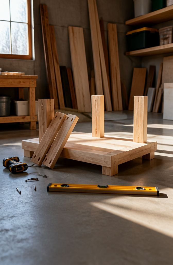A coffee table frame being checked for level before securing legs.