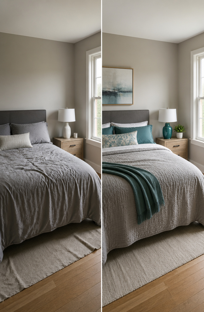 Muted grey walls with teal accents through decor items.