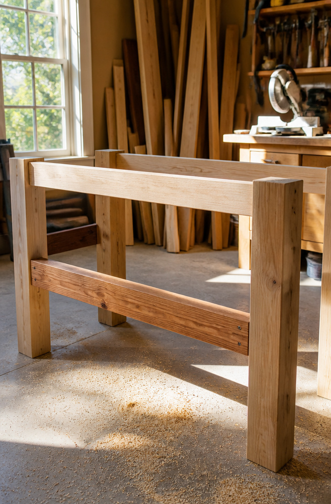 DIY Computer Desk: Build Plans and Alternative Ideas for 2026 4 A wooden desk frame with a back brace between the legs.