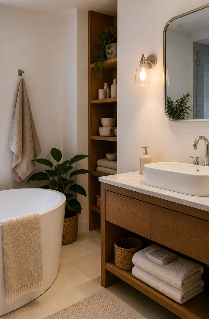 A serene bathroom featuring Ballet White walls and ceramic fixtures.