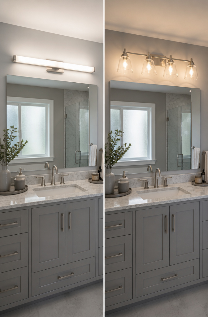 7 Bathroom Lighting Ideas for Every Design Style (2026) 4 A vanity light bar installed above a bathroom mirror.