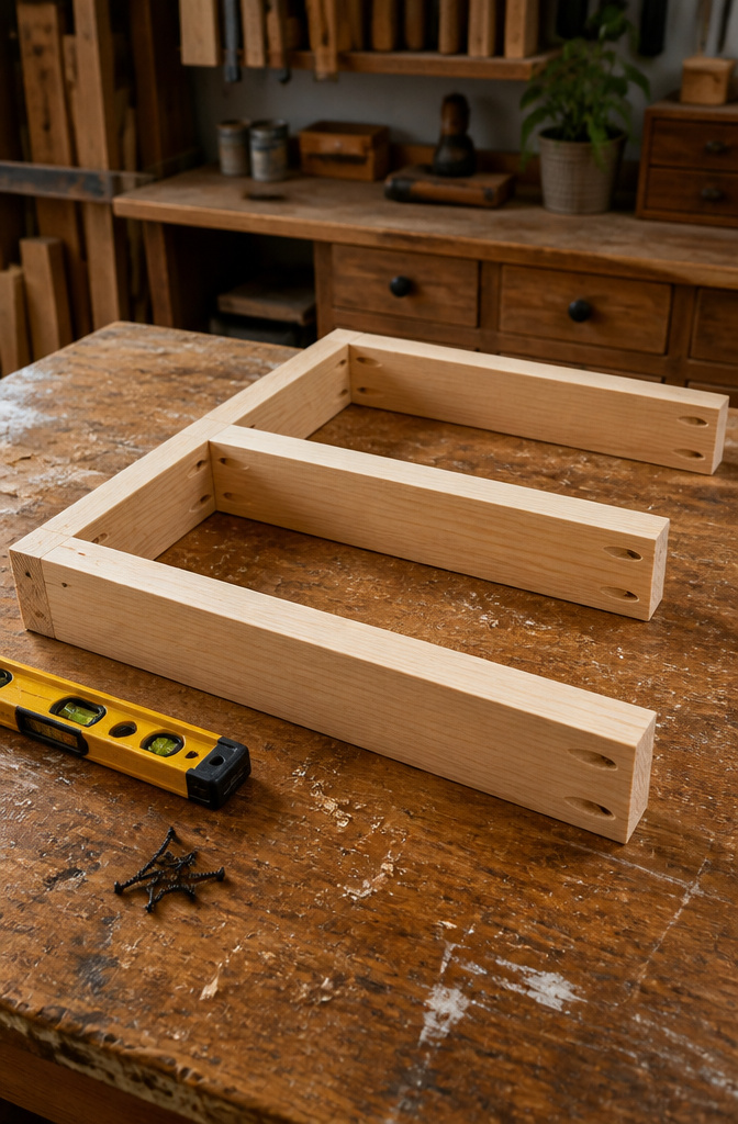 DIY Floating Shelves: A Complete Guide to 5 Styles for Every Room 4 E-shaped frame made from 2x2s for a floating shelf on a workbench.