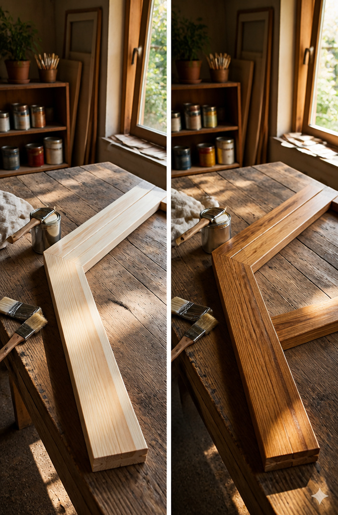 DIY Picture Frame: 3 Ways to Build, Style, and Mount Your Own 4 Bottles of Minwax Water Based Solid Stain in Autumn Wheat and Pecan.