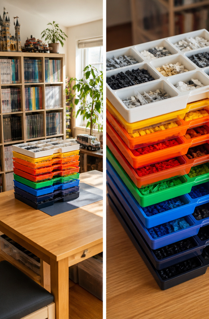 Organizers with removable compartments for sorting LEGO pieces.