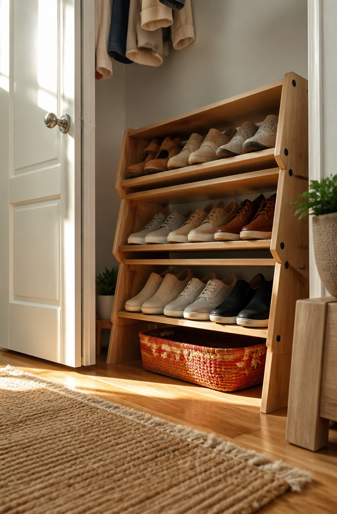 DIY Shoe Rack: 10 Plans for Wall, Tower, Bench and Closet Builds 4 Three stackable shoe rack modules for storing shoes.