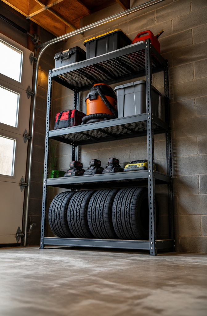 Metal shelving unit holding a shop vac and other garage supplies.
