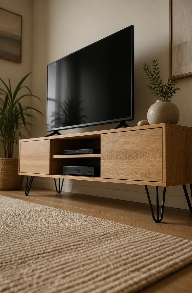 Legs being attached to the bottom of a TV stand.