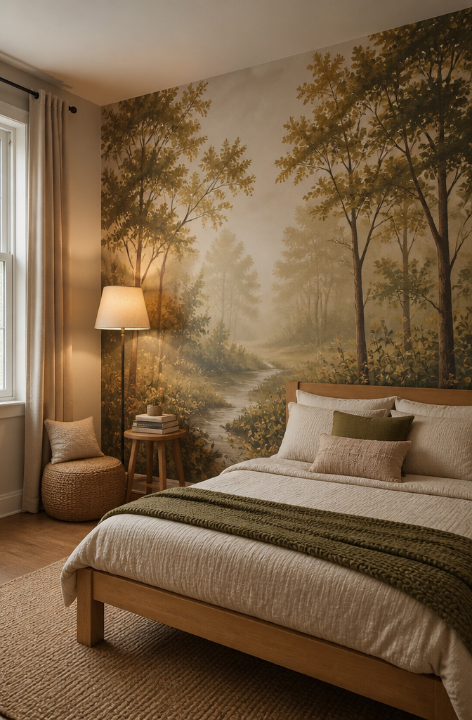 A wall with a forest mural created using peel-and-stick vinyl.