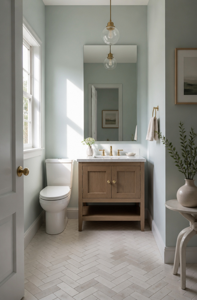 7 Half Bathroom Ideas for Storage, Color & Fixtures in 2026 4 Mirror hung above the vanity in a half bathroom.