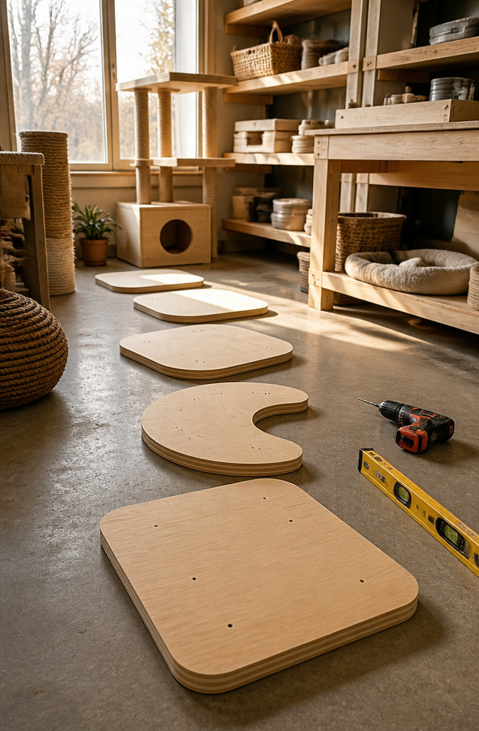 How to Build a DIY Cat Tree: 5 Plans for 2026 4 Plywood platforms marked for drilling, ready for cat tree assembly.