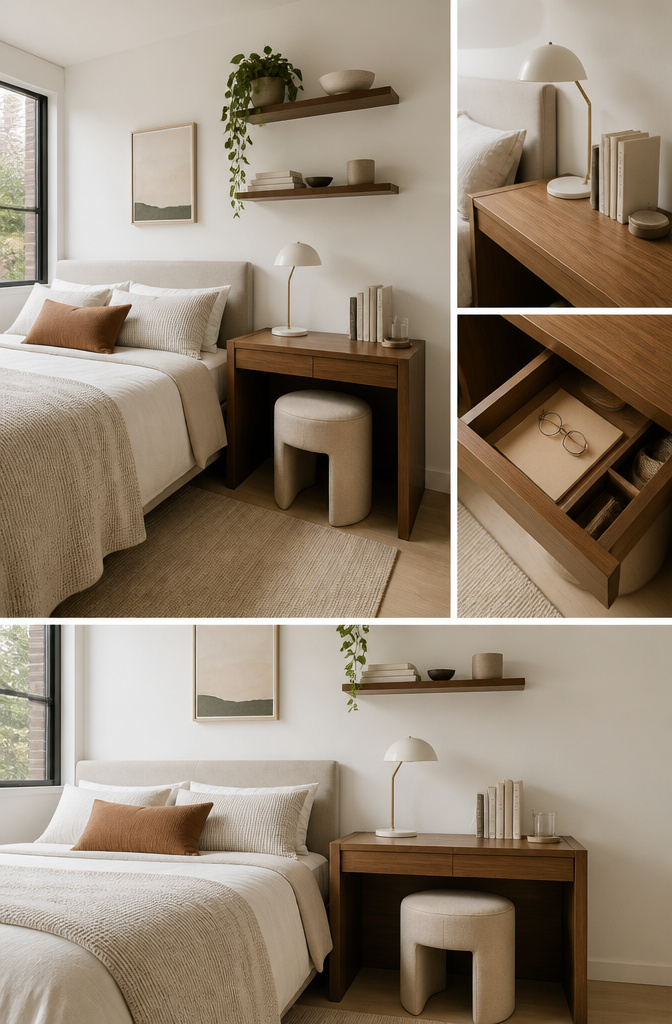 A desk acting as a nightstand with a chair nearby.