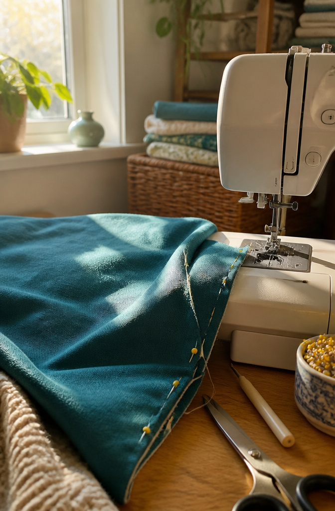 How to Make a DIY Weighted Blanket: 8 Steps for 2026 4 A sewing machine with pinned fabric layers, ready for stitching.