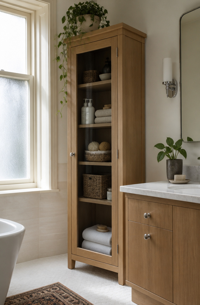 Bathroom Storage Cabinet: 7 Styles That Work in Small Spaces 4 Rejuvenation Wallace Bath Cabinet with glass door and polished nickel knobs.
