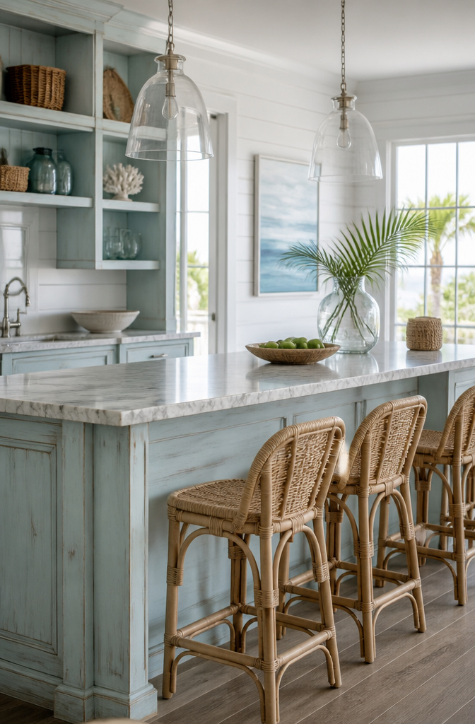 A coastal kitchen bar with rattan stools and shiplap paneling.