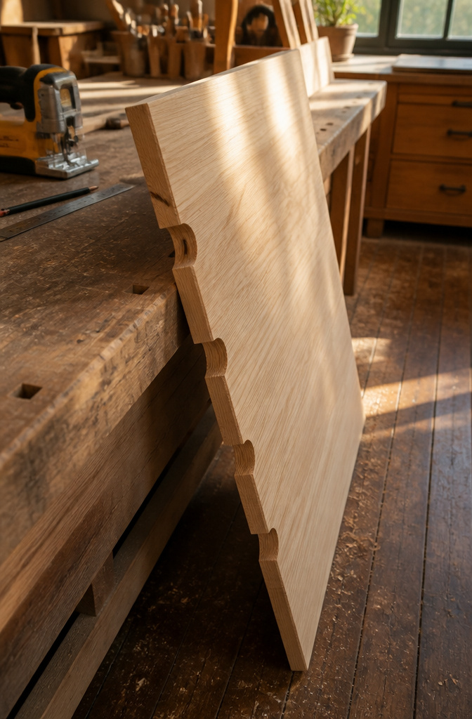 Cut wood pieces resting on a workbench.