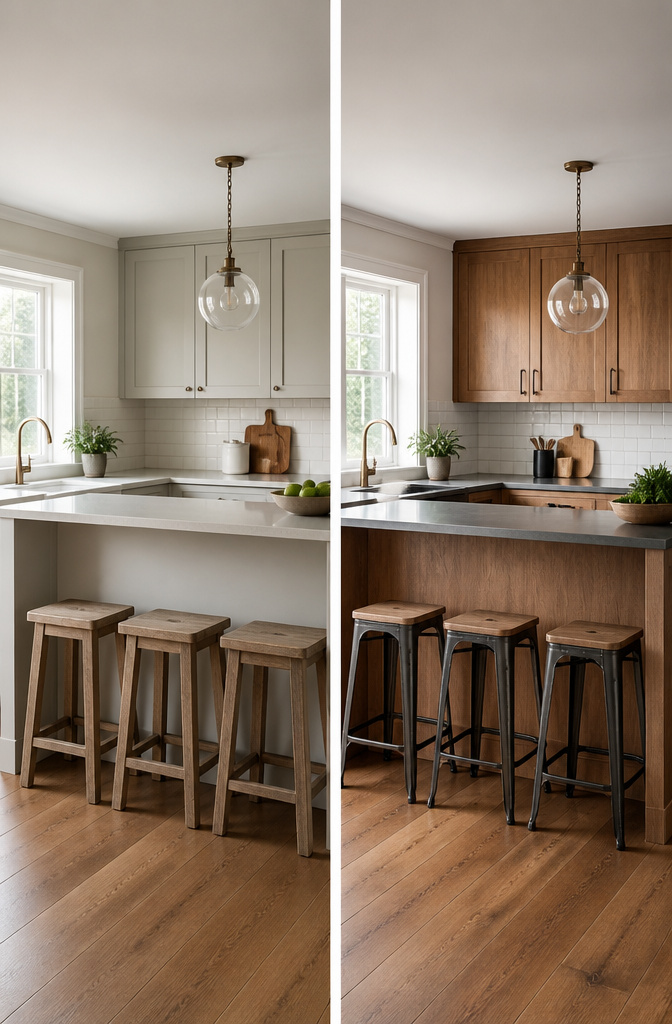 A breakfast bar featuring backless stools for efficient space use.