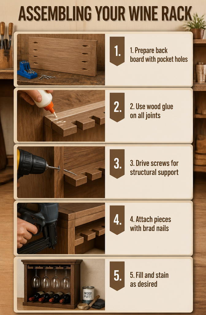 Wine rack assembly with screws and a Kreg Jig.