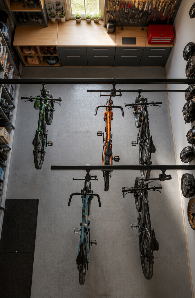 A ceiling slide system holding multiple bikes on horizontal rails.