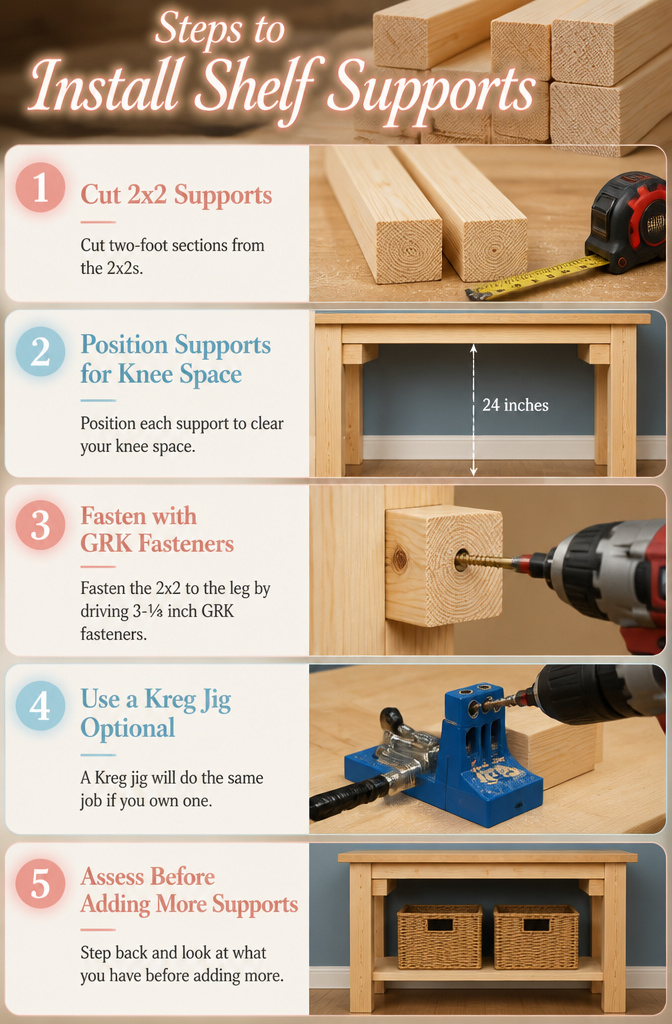 DIY Computer Desk: Build Plans and Alternative Ideas for 2026 5 An image showing the installation of shelf supports on a desk.