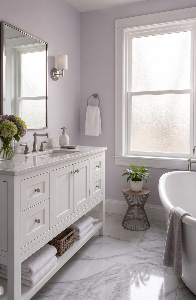 A bathroom with soft lavender walls and a white freestanding vanity.