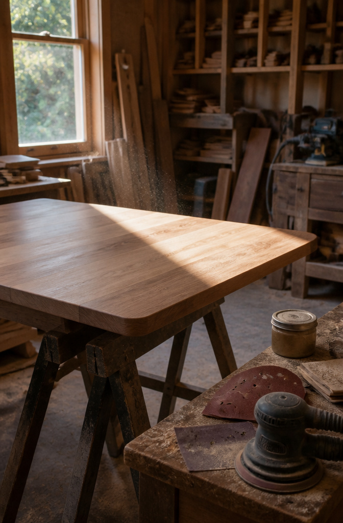 An orbital sander next to a sanded coffee table tabletop.