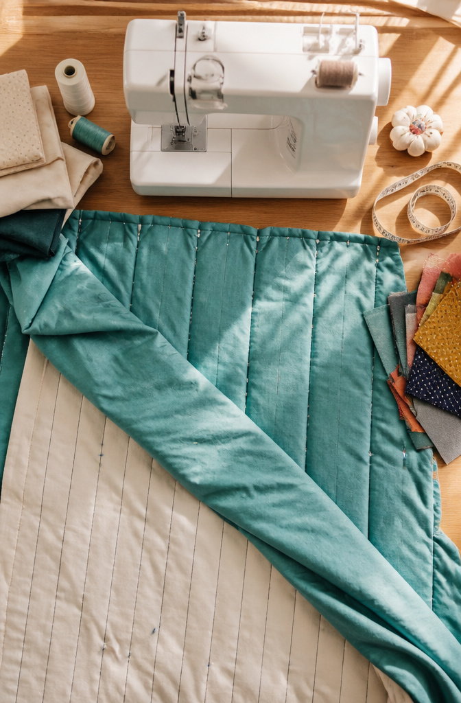 How to Make a DIY Weighted Blanket: 8 Steps for 2026 5 A sewing setup showing vertical lines sewn into the fabric shell.