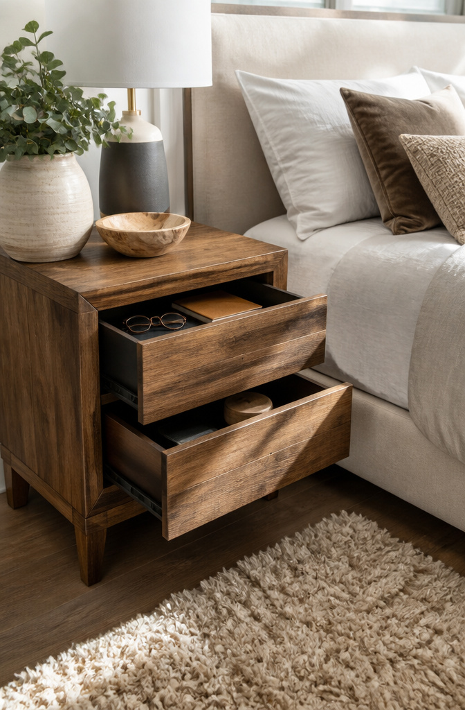 A nightstand with two opened drawers beside a queen bed.