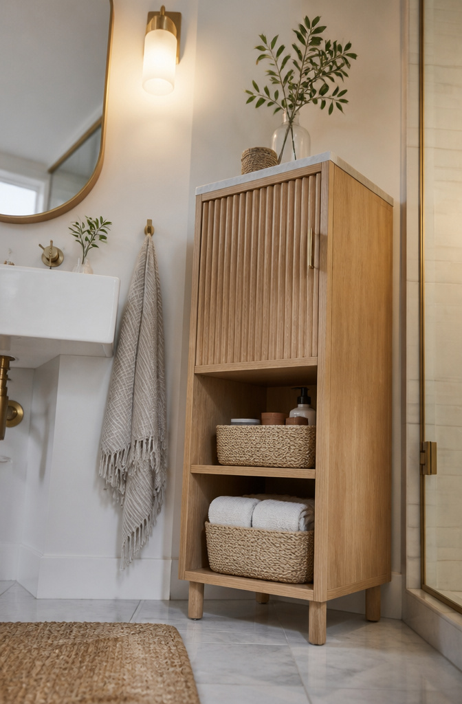 Bathroom Storage Cabinet: 7 Styles That Work in Small Spaces 5 Crate & Barrel Batten Bath Tower with white marble top and oak finish.