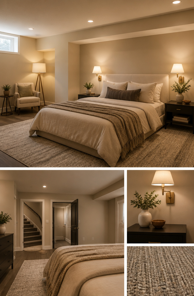20 Basement Bedroom Ideas for 2026: Cozy, Warm, Practical 5 Basement bedroom featuring multiple layers of lighting sources.