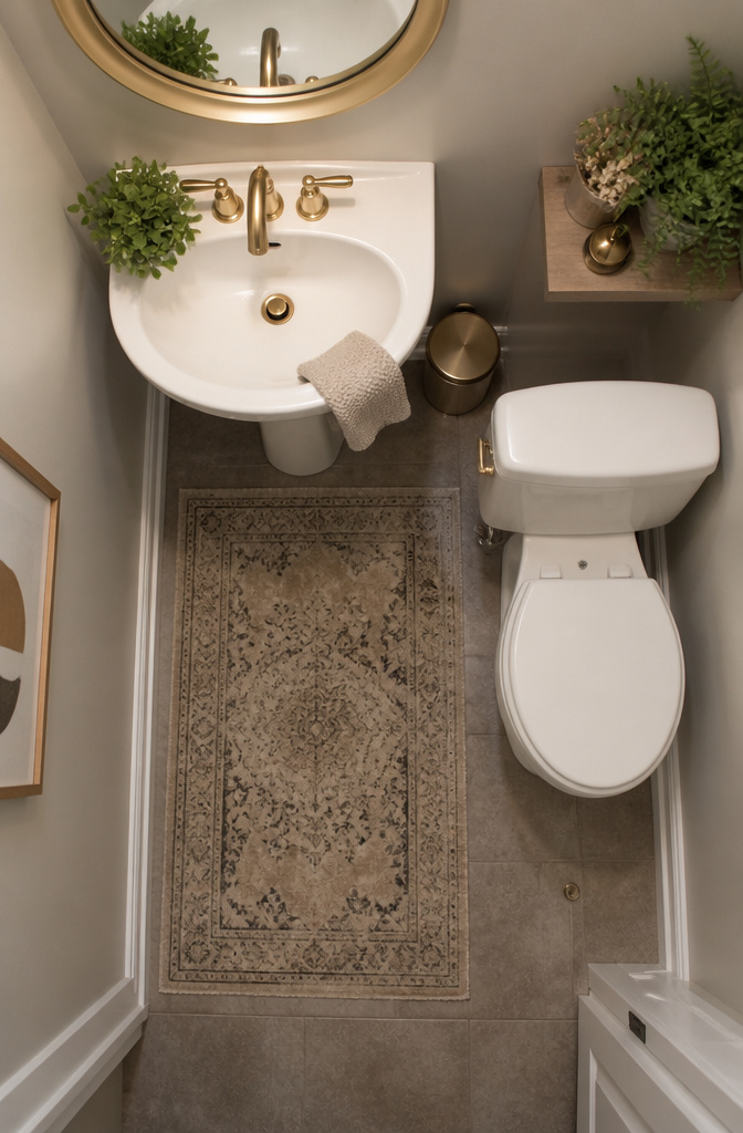 7 Half Bathroom Ideas for Storage, Color & Fixtures in 2026 5 Faux plants displayed on a sink ledge and shelf.