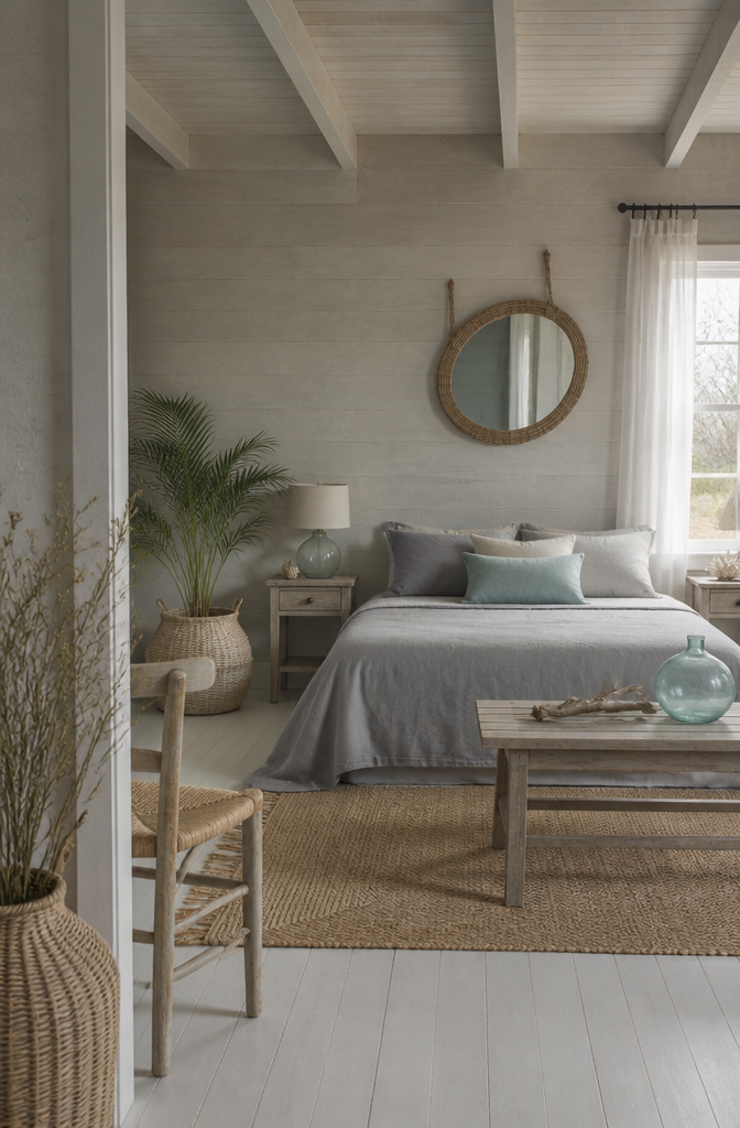 Coastal-inspired bedroom with driftwood grey and linen bedding.