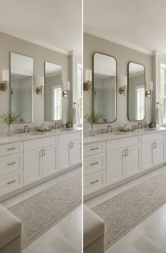 15 Bathroom Mirror Ideas for 2026 – Types, Styles & Trends 5 Two vertical mirrors positioned above a double vanity sink.