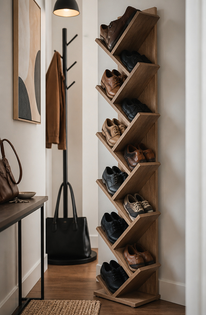 DIY Shoe Rack: 10 Plans for Wall, Tower, Bench and Closet Builds 5 A Z tower shoe rack with shelves running at an angle.