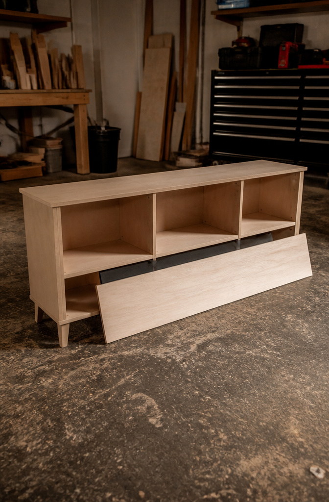 An open-backed TV stand with a thin underlayment propped up.