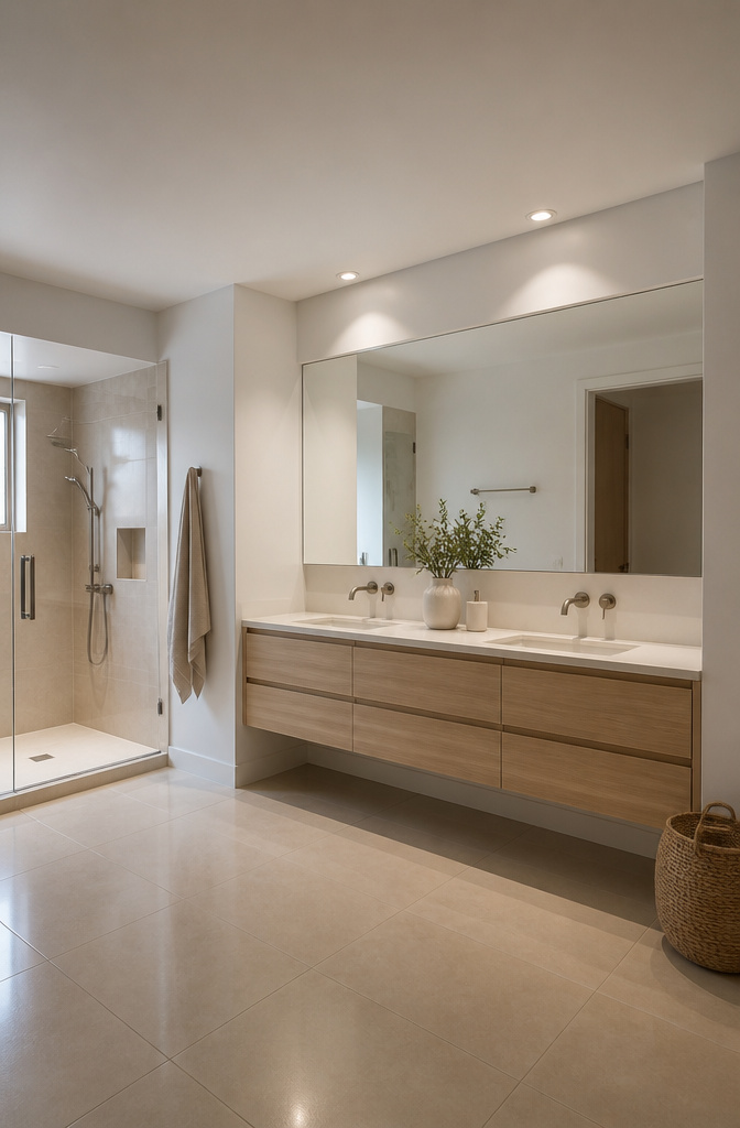 7 Bathroom Lighting Ideas for Every Design Style (2026) 5 Recessed light fixtures positioned above a bathroom mirror.