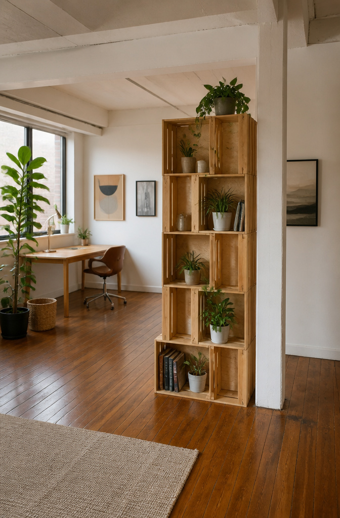 14 DIY Room Divider Ideas: Projects From Wallpaper to Wire 5 A crate shelf divider holding books and plants.